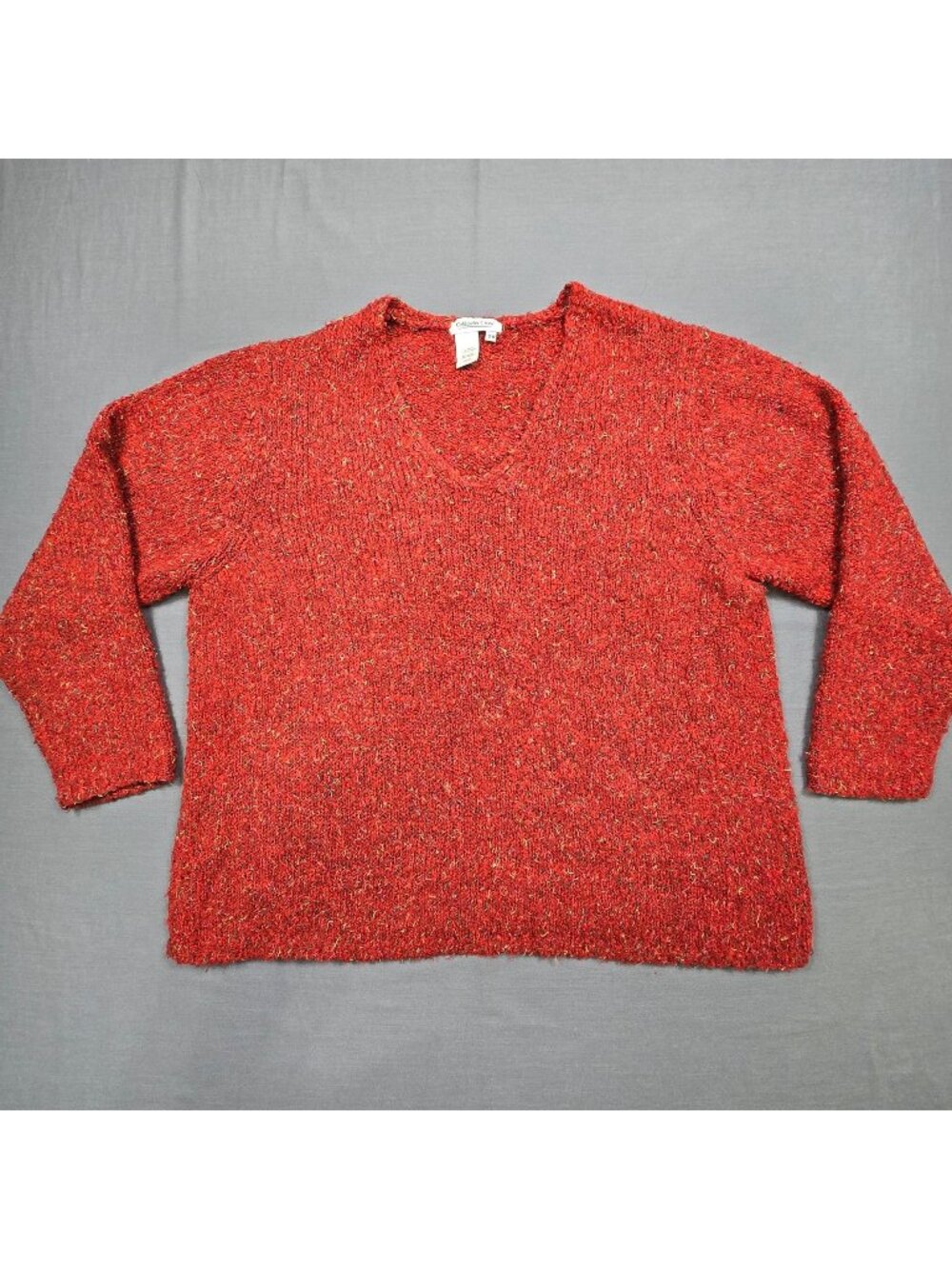 Coldwater Creek 2X Sweater Deep Red Chenille Pullover V-Neck Long Sleeve